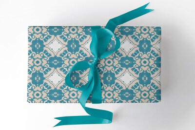Wrapping Paper by the Yard ~ Alexandria Turquoise Medallion Paper 30" wide, Wrapping Paper Rolls [Gift Wrap, All Occasion] - image1
